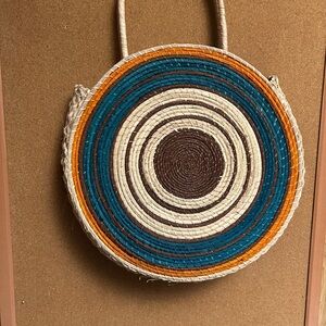Round Woven Straw Bag with Multicolor Design